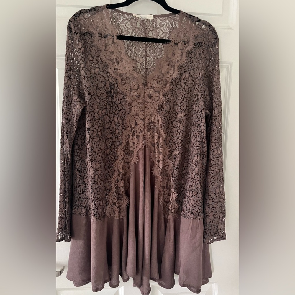 Brown Lace Fringe Studio Boho Dress Long Tunic Size Large EUC